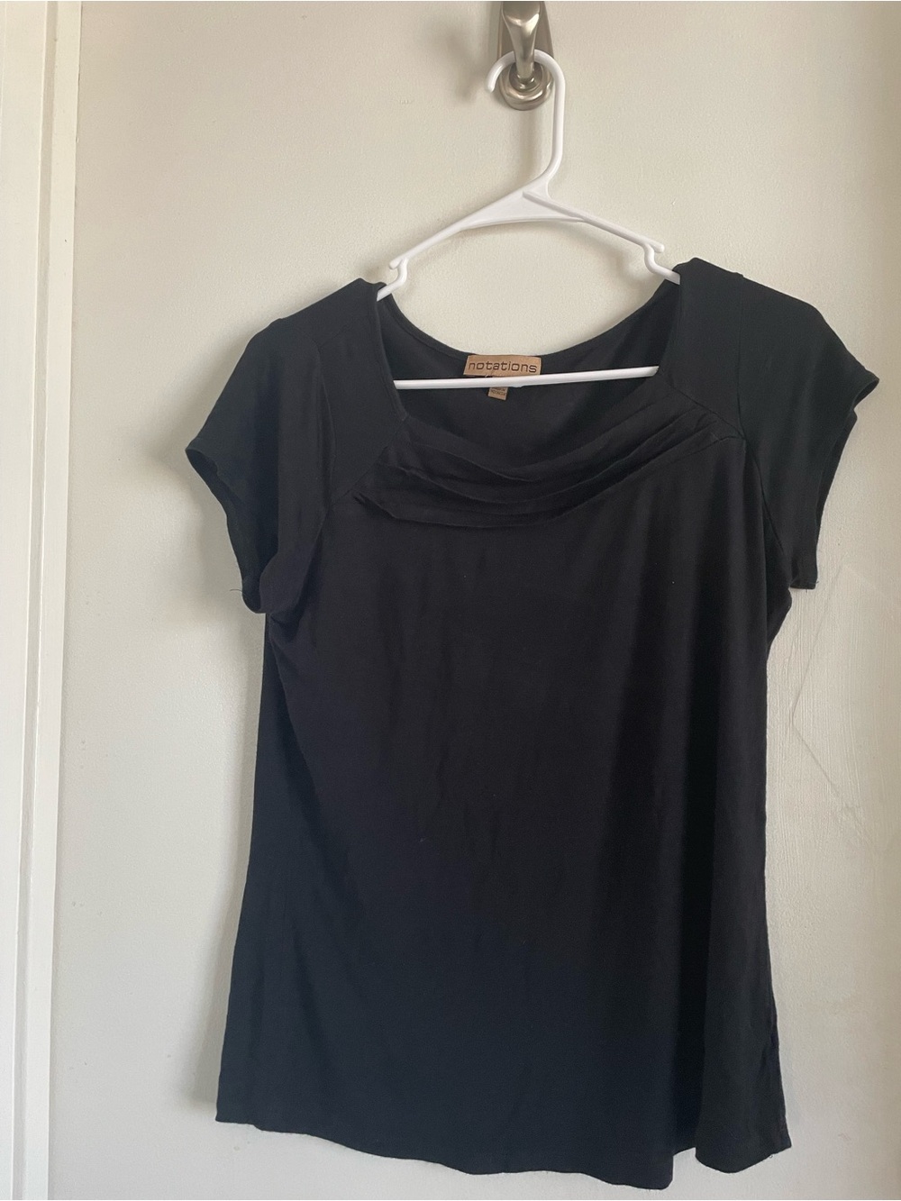 Notations Black Cap-Sleeve Draped Yoke Top